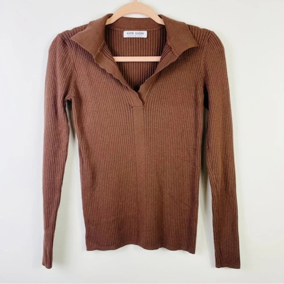 Kate Kasin Brown Polo Sweater Lightweight Knitwear V Neck Short Sleeves - Picture 5 of 7